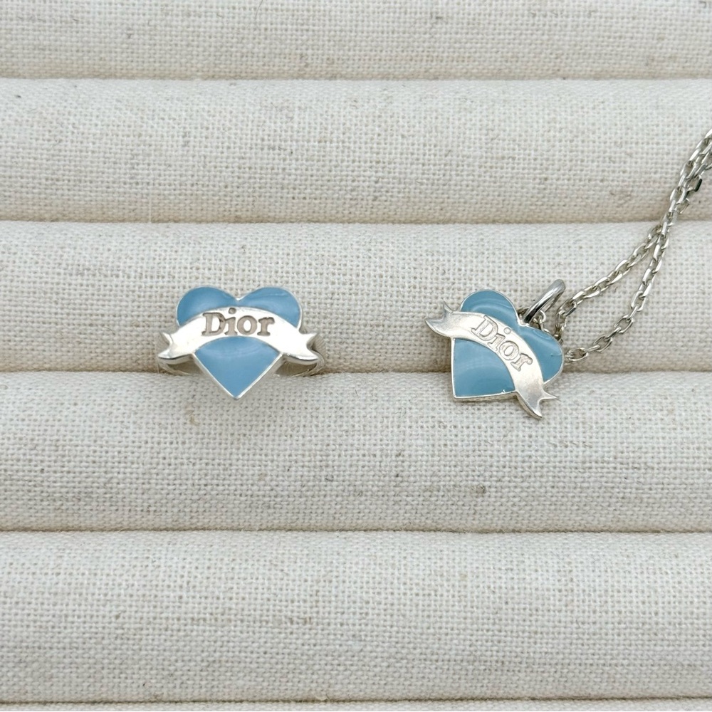 Vintage Christian Dior Blue Enamel Heart Necklace & Ring Set Sterling Silver